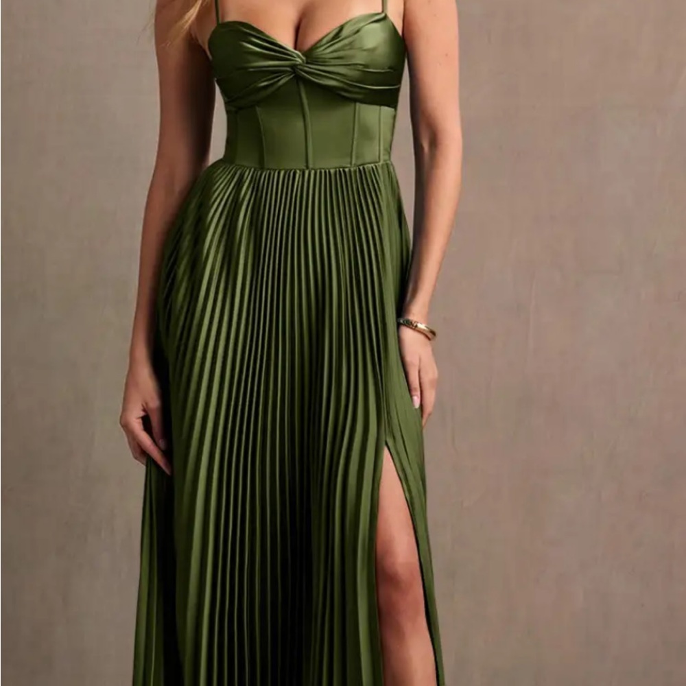 Azazie Strapless Green Dress with Pleated Skirt